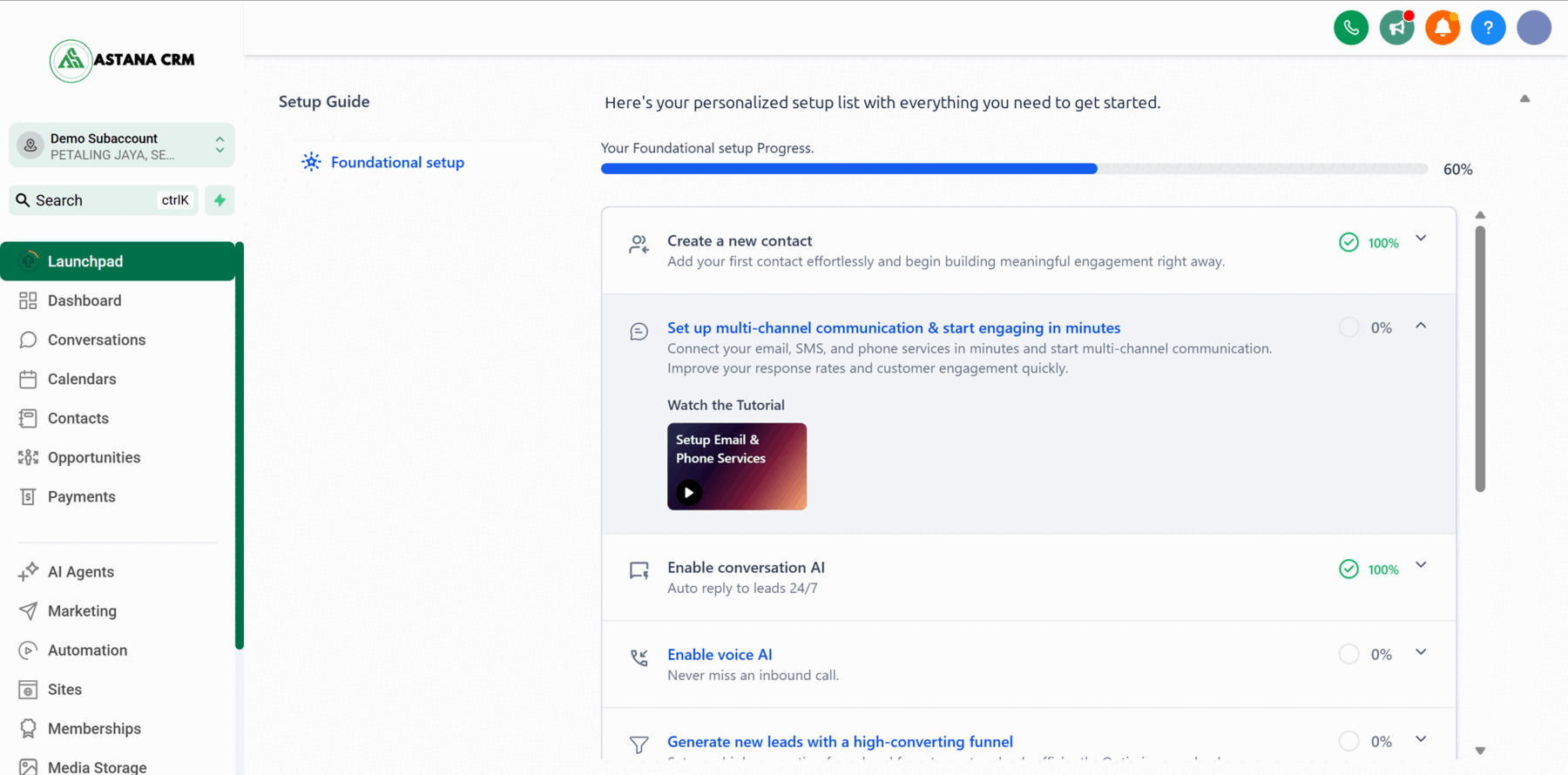 The Astana CRM launchpad: a setup guide tracking progress, with conversations, calendars, contacts, opportunities, payments, AI agents, marketing and automation in the sidebar.